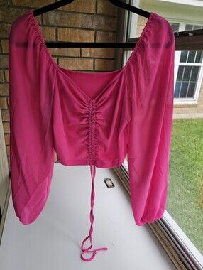 Bright Pink Ruched Cropped Top with Sheer Balloon Sleeves - Women's Size Large